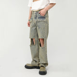 Mens Distressed Raw Ripped Straight-leg Jeans