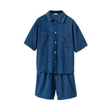 Men's Summer Casual Simple Slim Fit Thin Denim Short Sleeve Shirt And Shorts Set