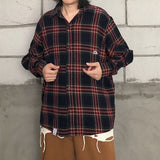 Street Loose Burgundy Plaid Long Sleeve Shirt