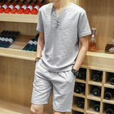 Men's Summer Casual Solid Color Short Sleeve T-shirt And Shorts Suit