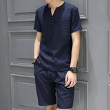 Men's Summer Casual Solid Color Short Sleeve T-shirt And Shorts Suit