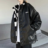 Hip-hop Plush Plaid PU Leather Thickened Reversible Coat