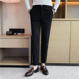 Men Business Casual Elastic Waist Slim Fit Solid Waffle Pants