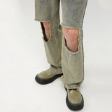 Mens Distressed Raw Ripped Straight-leg Jeans