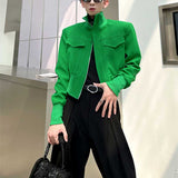 Cropped Stand Collar Shoulder Pads Jackets