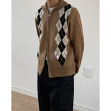 Rhombus Stand Collar Knit Zip Cardigan