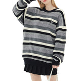 Casual Crew Neck Striped Long Sleeves Knitted Sweater