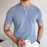 Men Summer Casual Blue Crew Neck Knit Short Sleeve T-Shirts