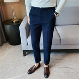 Men Business Casual Elastic Waist Slim Fit Solid Waffle Pants