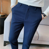 Men Business Casual Elastic Waist Slim Fit Solid Waffle Pants