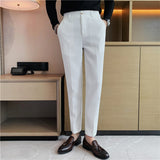 Men Business Casual Elastic Waist Slim Fit Solid Waffle Pants