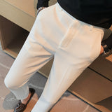 Men Business Casual Elastic Waist Slim Fit Solid Waffle Pants