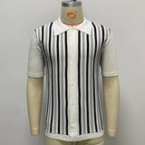 Men's Business Casual Black and White Stripes Contrast Color Short Sleeve Slim Fit Thin Polo Knit Top