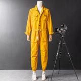 Men's Vintage Casual Long Sleeve Jumpsuits Button-Front Work Coverall with Multi Pockets