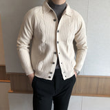 Men's Retro Casual Solid Color Prism Check Lapel Long Sleeve Knit Cardigan