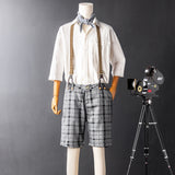 American Retro Slim Fit Plaid Beach Shorts Pants With Suspender