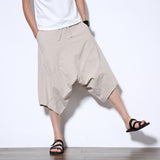 Mens Casual Elastic Waist Linen Capri Wide Leg Baggy Harem Pants Trousers