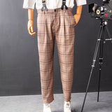 Men's British Casual Khaki Plaid Pants With Y-Back Removable Suspenders