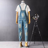 Men's Ripped Denim Bib Overalls Jeans Destroyed Jumpsuits Trousers with Adjustable Straps