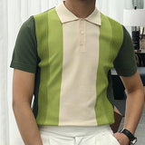 Men Business Summer Green Stripe Lapel Short Sleeves POLO Knit Top