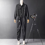 Men's Vintage Casual Long Sleeve Jumpsuits Button-Front Work Coverall with Multi Pockets