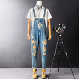 Men's Ripped Denim Bib Overalls Jeans Destroyed Jumpsuits Trousers with Adjustable Straps