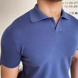 Men Casual Slim V Neck Buttonless Short Sleeve Lapel Polo Shirt