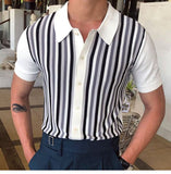 Men's Business Casual Black and White Stripes Contrast Color Short Sleeve Slim Fit Thin Polo Knit Top