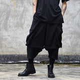 Men Dark Casual Big Pocket Stitching Fake Two-Piece Pants