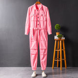 Men's Fashion Casual Long Sleeve Jumpsuits Button-Front Work Coverall with Multi Pockets