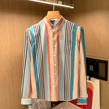 Men's Casual Color Stitching Vertical Stripes Slim Fit Long Sleeve Shirt