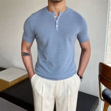 Men Summer Casual Blue Crew Neck Knit Short Sleeve T-Shirts