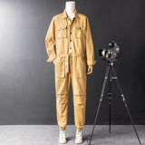 Men's Vintage Casual Long Sleeve Jumpsuits Button-Front Work Coverall with Multi Pockets