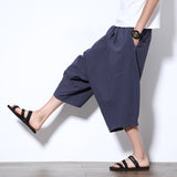 Mens Casual Elastic Waist Linen Capri Wide Leg Baggy Harem Pants Trousers