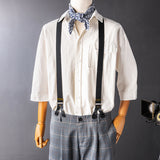 Men's Retro Gray Plaid Pants With Y-Back Removable Suspenders