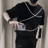 Men's Summer Black Casual Solid Color Drawstring Short Sleeve T-Shirt