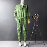 Men's Vintage Casual Long Sleeve Jumpsuits Button-Front Work Coverall with Multi Pockets