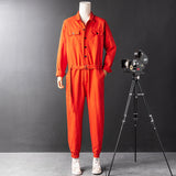 Men's Vintage Casual Long Sleeve Jumpsuits Button-Front Work Coverall with Multi Pockets