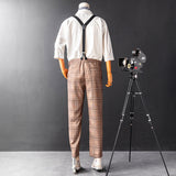 Men's British Casual Khaki Plaid Pants With Y-Back Removable Suspenders
