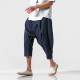 Men Cotton Linen Capri Pants Baggy Harem Pants Drawstring Yoga Beach Pants