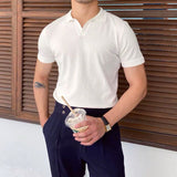 Men Casual Slim Thin Lapel Knit Short Sleeve Buttonless Polo Tops