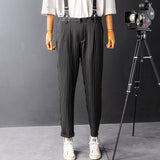 Men's British Casual Striped  Black Pants With Y-Back Removable Suspenders