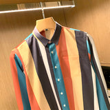 Men's Casual Color Stitching Vertical Stripes Slim Fit Long Sleeve Shirt