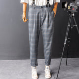 Men's Retro Gray Plaid Pants With Y-Back Removable Suspenders