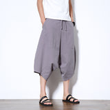 Mens Casual Elastic Waist Linen Capri Wide Leg Baggy Harem Pants Trousers