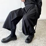 Men's Dark Japanese Casual Solid Color Elastic Waist Cropped Wide Leg Pants