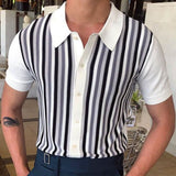 Men's Business Casual Black and White Stripes Contrast Color Short Sleeve Slim Fit Thin Polo Knit Top