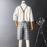 American Retro Slim Fit Plaid Beach Shorts Pants With Suspender