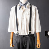 Men's British Casual Striped  Black Pants With Y-Back Removable Suspenders