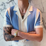 Men Business Summer Stitching Contrast Color Shirt Collar Knitted Top